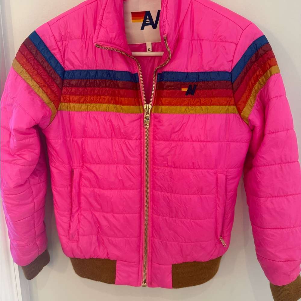 Hot Pink Aviator Nation Winter Jacket with Signature Stripes